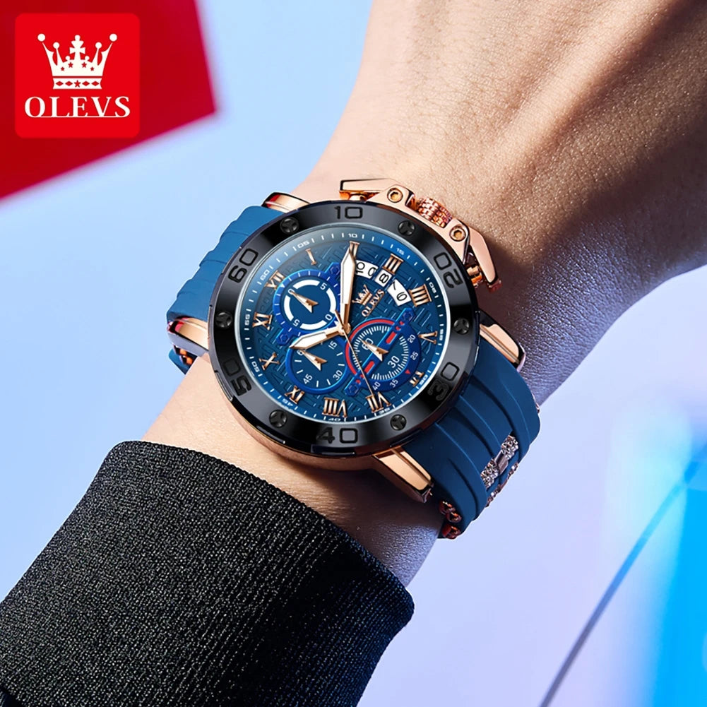 OLEVS 51mm Large Dial Quartz Watch for Men Silicone Strap Waterproof Luminous Auto Date Chrono Roman Numeral Scale Men's Watches