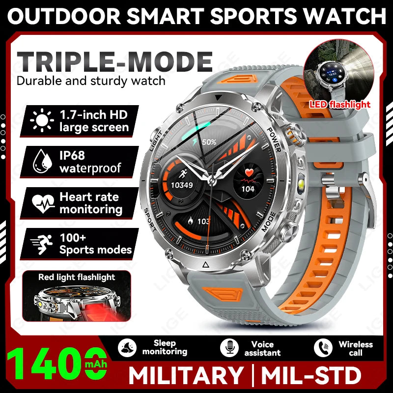 LIGE 2026 Military 1400mAh Battery Smart Watch Men Outdoor Flashlight IP68 Waterproof Heart Rate Bluetooth Call Sports Bracelet