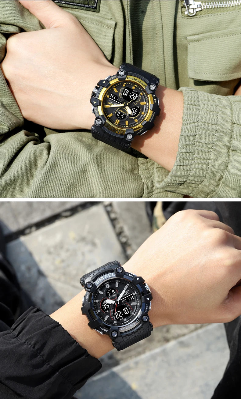 SMAEL Brand Sport Watch Men Quartz Wristwatches Waterproof Dual Time Display Military Army Green Male Clock 8079 Mens Watches