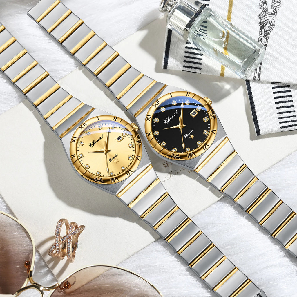 CHENXI Watches For Men Sweep Second Movement See-through Quartz, Waterproof Mens Watch Stainless Steel Golden Wristwatches