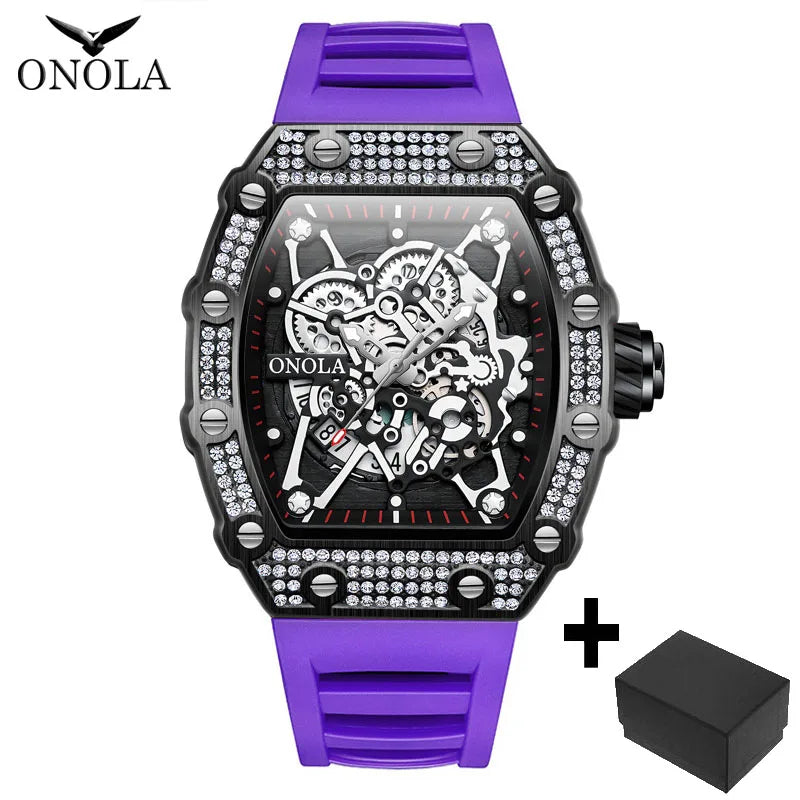 ONOLA Fashion Watch For Men Automatic Date Sports Silicone Strap Tonneau Clock Iced Diamond Quartz WristWatch Reloj Dropshipping