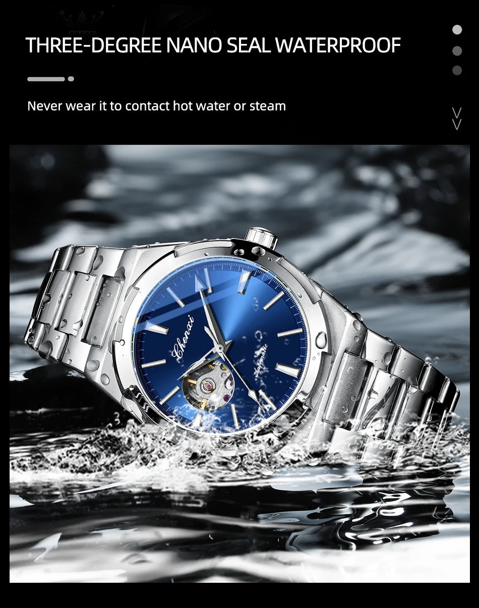 New Mens Watch Mechanical Wristwatches Stainless Steel Fashion Sports Waterproof Watches for Men Hollow Out Automatic Movement