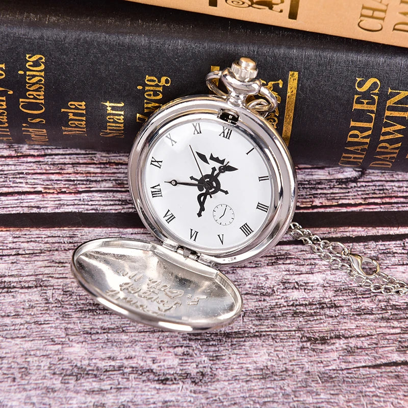 High Quality Full Metal Alchemist Silver Watch Pendant Men's Quartz Pocket Watches Japan Anime Necklace Children Boy
