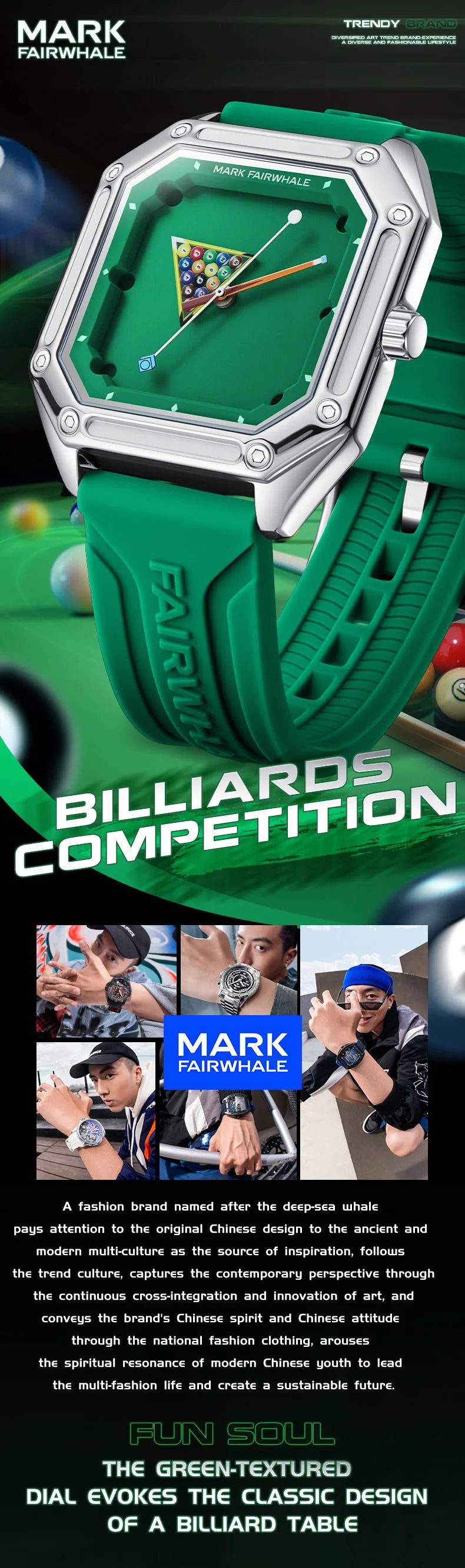 2025 New Original Watch For Man Sport Silicone Strap Waterproof Quartz Watch Fashion Men Billiards Design Green Wristwatch Boy