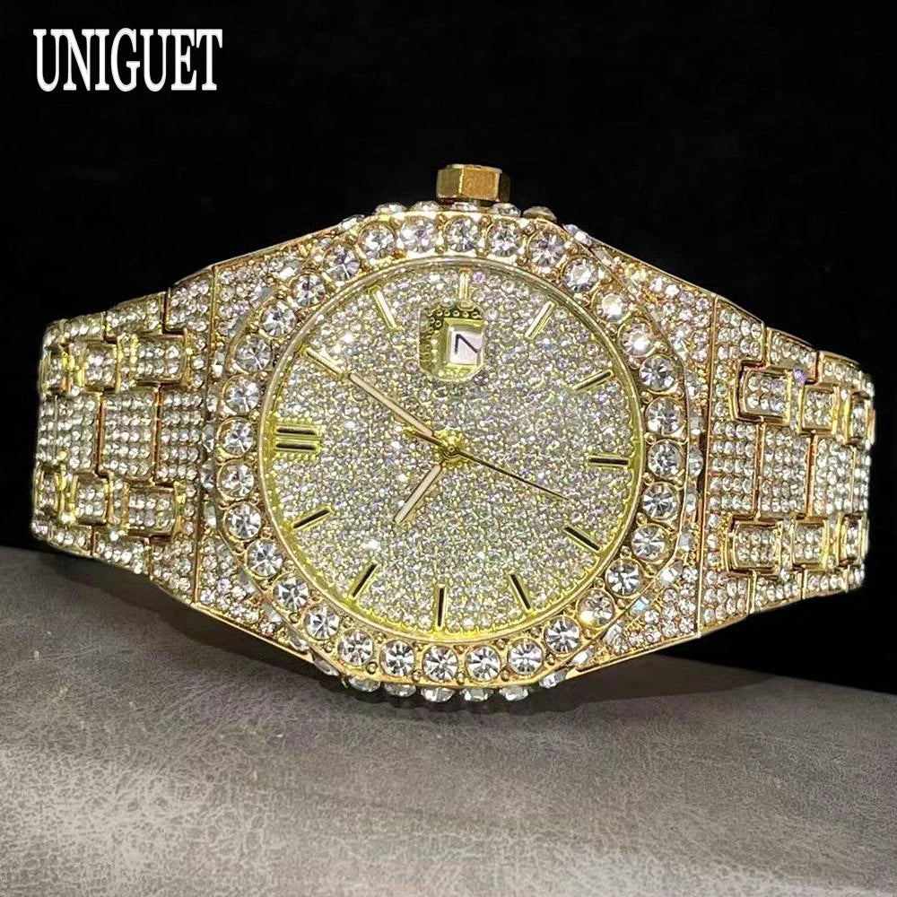 UNIGUET Fashion Iced Out Watch Mens Luxury Waterproof Quartz Watch For Man Hip Hop High Quality Big Diamond Wristwatch Hot Sale