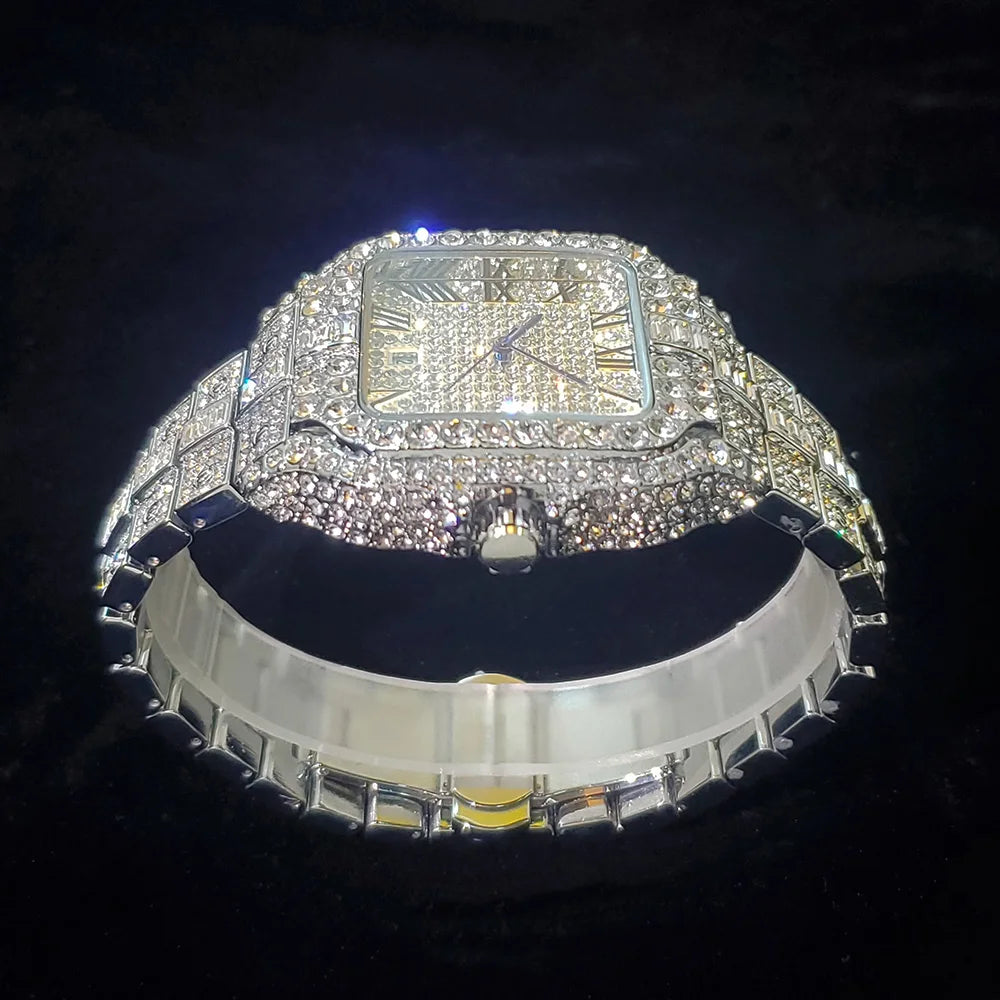 Luxury Original Brand Men Watch Fashion Bling Diamond Inlay Square Wristwatch Hip Hop Iced Out Man Jewelry Clock Dropshipping