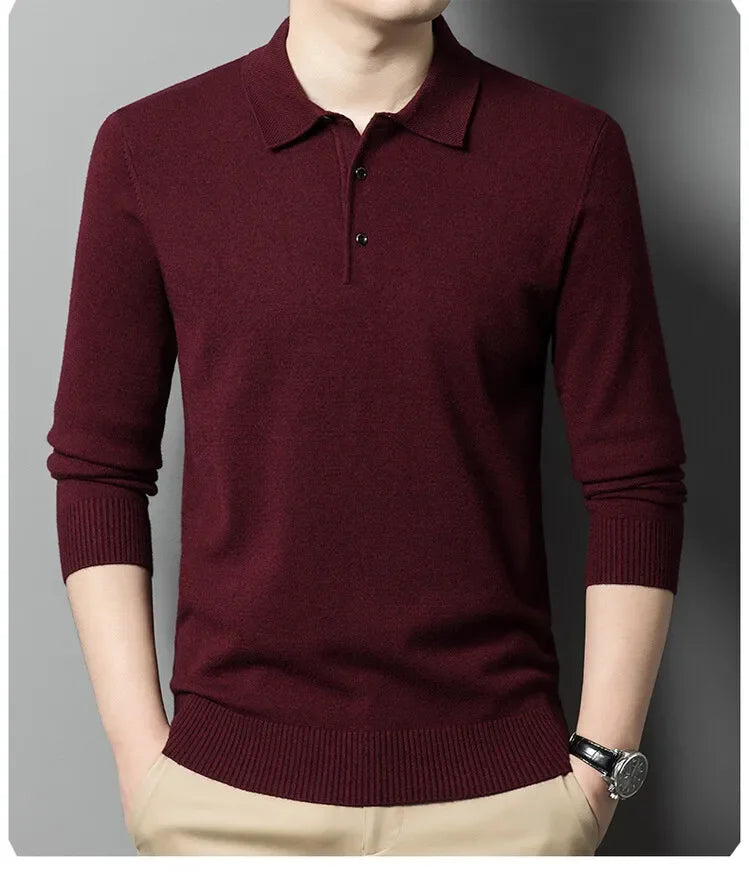 Autumn and Winter New Warm Soft Pullover Men's Business Lapel Knitwear Casual Solid Color Long Sleeve Polo Shirt Office