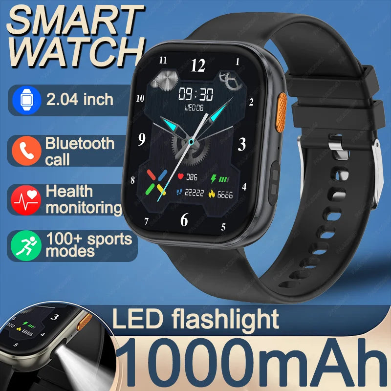 New 1000mAh Large Battery Smartwatch Men Women | 2.04"HD Screen BluetoothCall Heart Rate Monitor Flashlight Sports Fitness Watch
