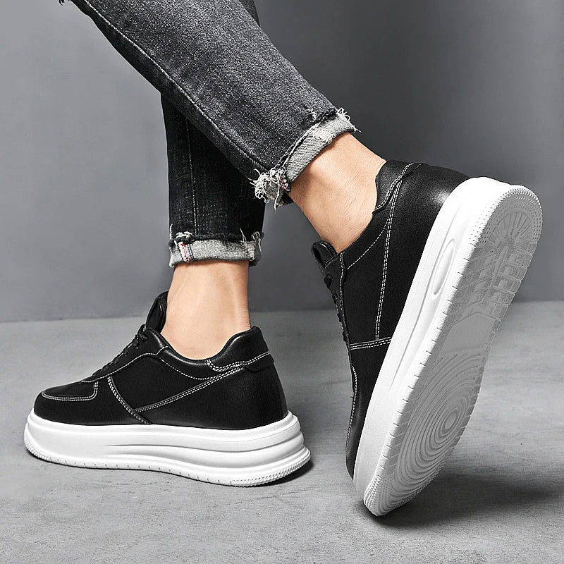 British Style Casual Leather Men's Vulcanized Shoes Fashion Low Top Thick Bottom Antiskid Sneakers Genuine Leather Board Shoes