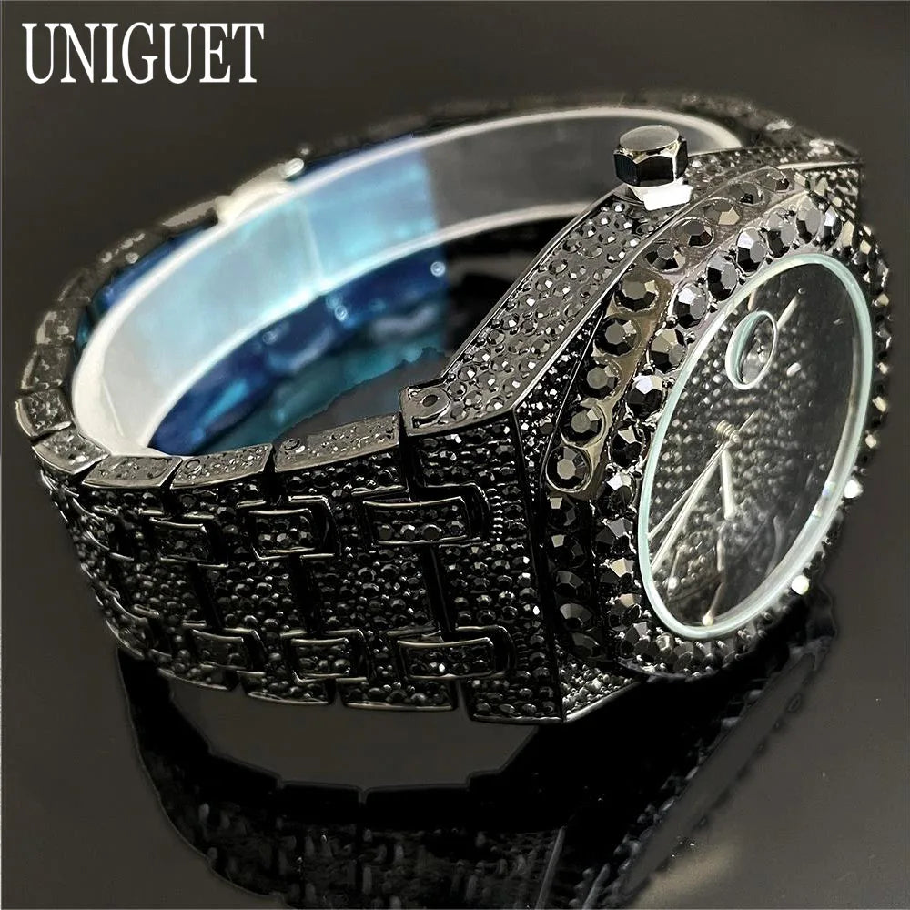 2025 New Luxury Brand UNIGUET Iced Watch For Men Fashion Hip Hop Diamond Waterproof Stainless Steel Wristwatch Male Dropshipping
