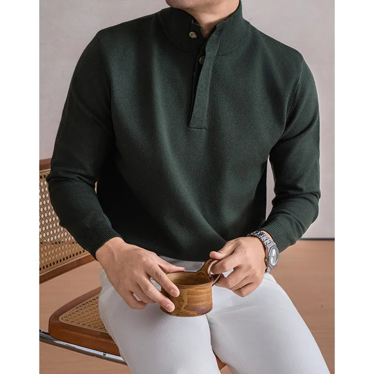 Old Money Style Men's Semi-High Neck Henley Sweater 4.6% Wool Blend Anti-Pilling Knit  Korean Casual Daily Wear