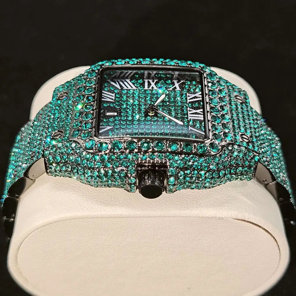 Cool Black Ice Watch For Men Brand UNIGUET Luxury Stainless Steel Quartz Timepiece Man Hip Hop Diamond Square Wristwatch New