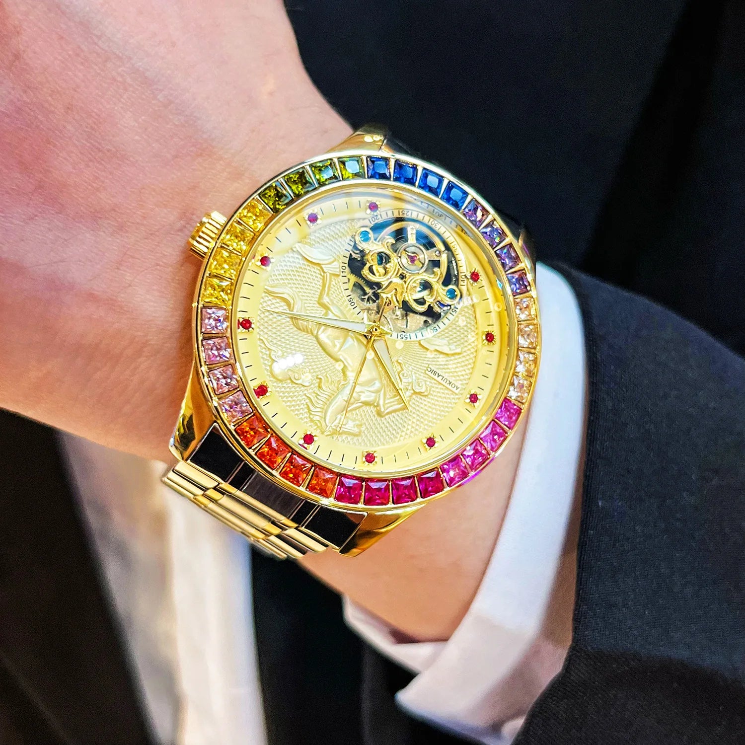 Stainless Steel New Color Diamond Golden Horse Series Skeleton Luminous Waterproof Self-Wind Automatic Watch for Men