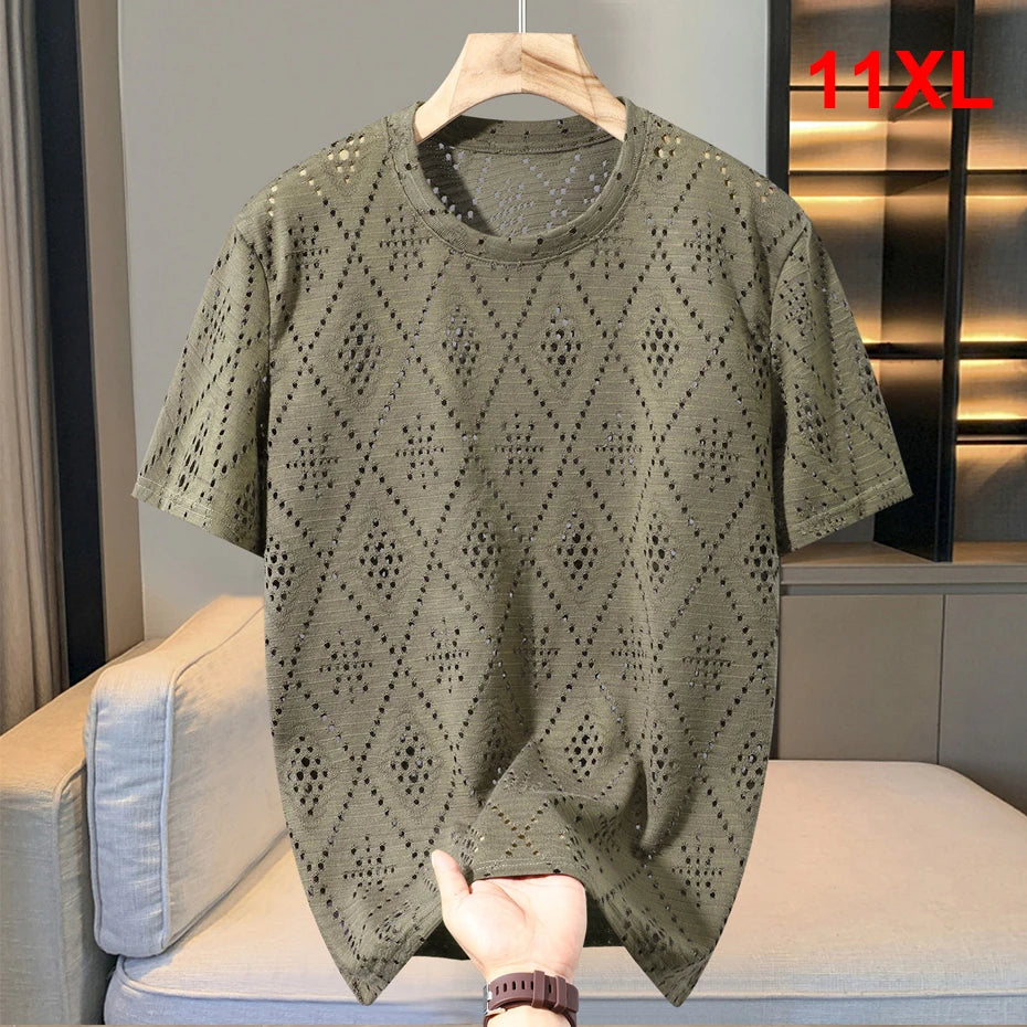 Summer Mesh Hollowed Out T-shirt Men 10XL Plus Size Summer Short Sleeve Tshirt Male Mesh Tops Tees Big Size 10XL