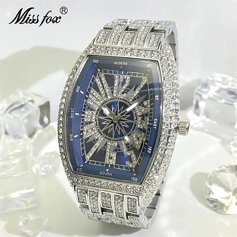 Luxury Gold Watches Men Brand MISSFOX Fashion Hip Hop lce Diamond Sun Pattern Literal Quartz Wristwatch Male Dropshipping Hot