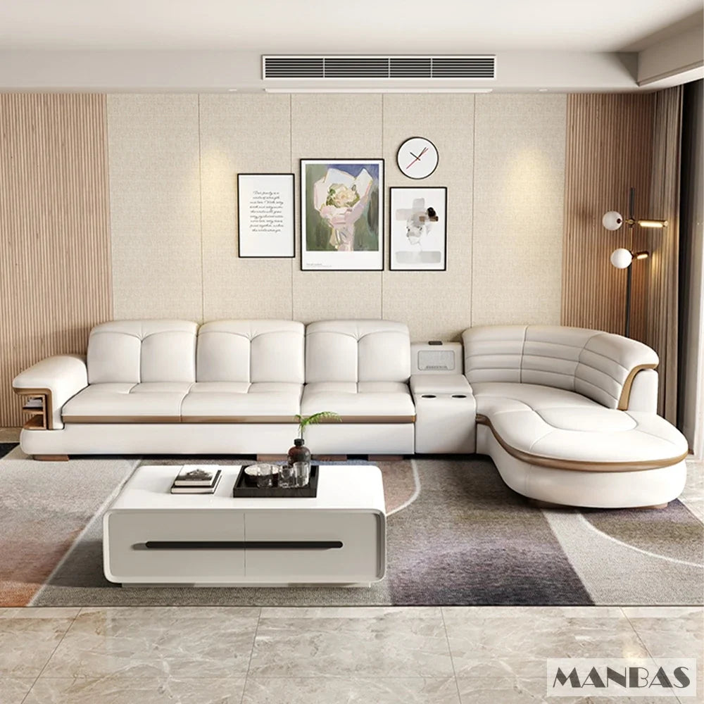 MANBAS Luxury L-Shaped Genuine Leather Sectional Sofa Sets with USB, Bluetooth Speaker - Living Room Italian Leather Couches