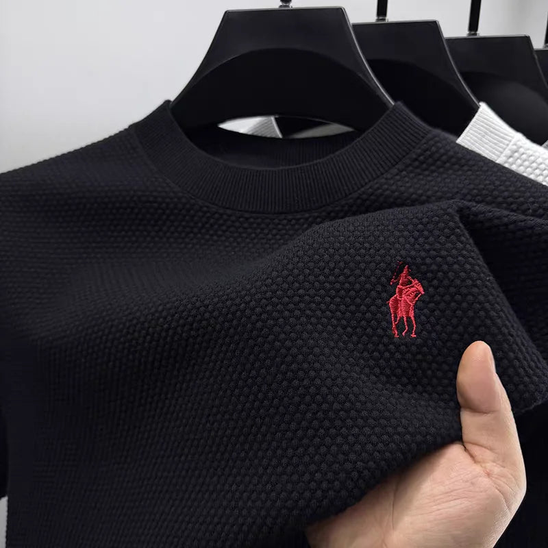 Luxury 100% cotton knitted short sleeve T-shirt high-end brand pony embroidery summer solid color  men's casual round neck top
