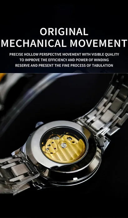 Stainless Steel New Vintage Skeleton Moonphase Luminous Waterproof Tourbillon Self-Wind Automatic Watch for Men