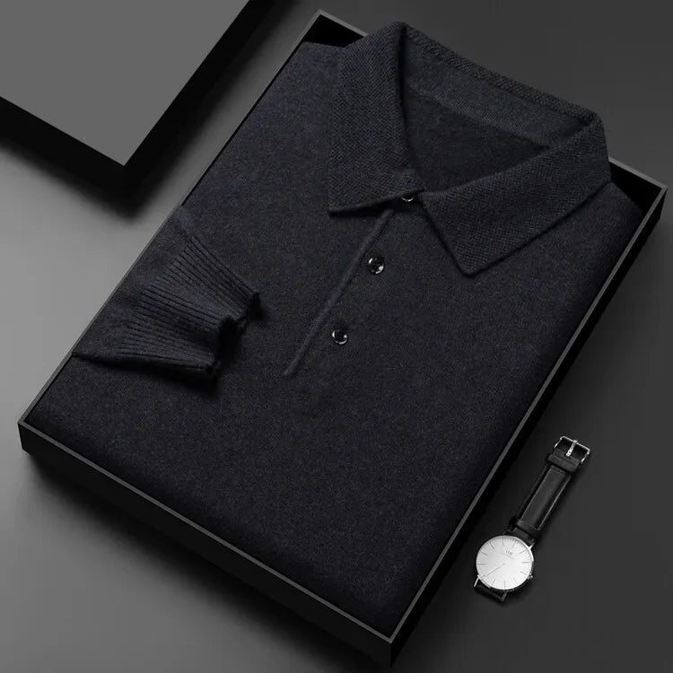 Autumn and Winter New Warm Soft Pullover Men's Business Lapel Knitwear Casual Solid Color Long Sleeve Polo Shirt Office