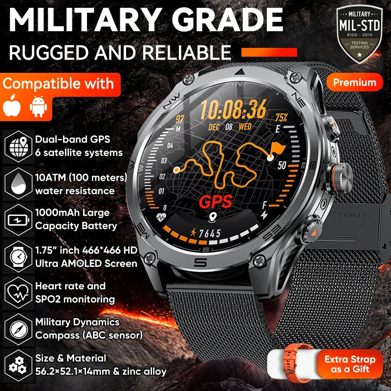 2026New Military Grade 1000mAh Battery GPS Smart Watch 10ATM Waterproof Compass Altimeter Call AMOLED Men Swim Sports Smartwatch
