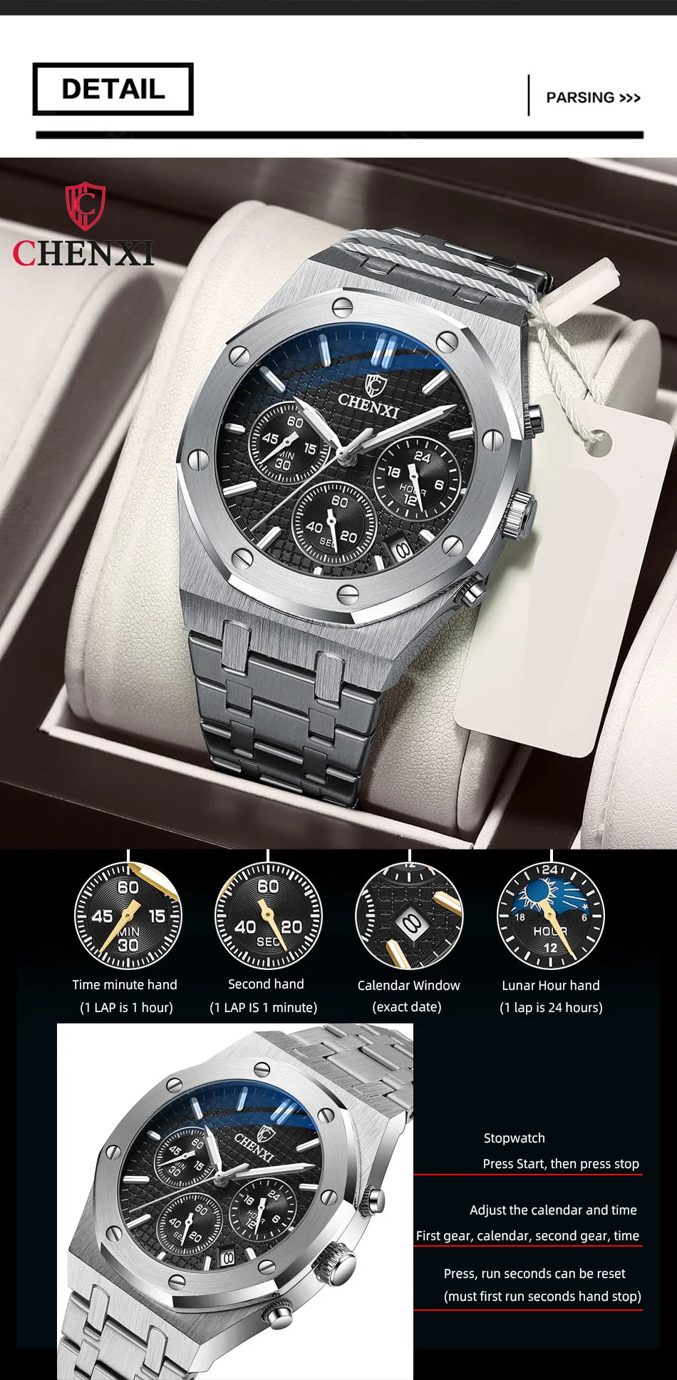 Luxury Business CHENXI Man Watch High Quality Chronograph Moon Phase Quartz Watches Original Waterproof Clock Male New 2025