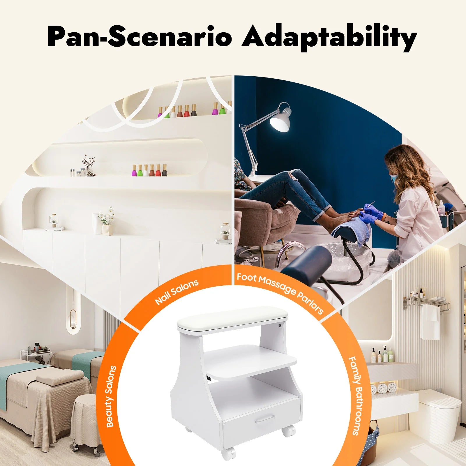 Portable Beauty Salon Foot Bath Trolley Pedicure Manicure Foot Rest with Massage Function Foot Spa Table White