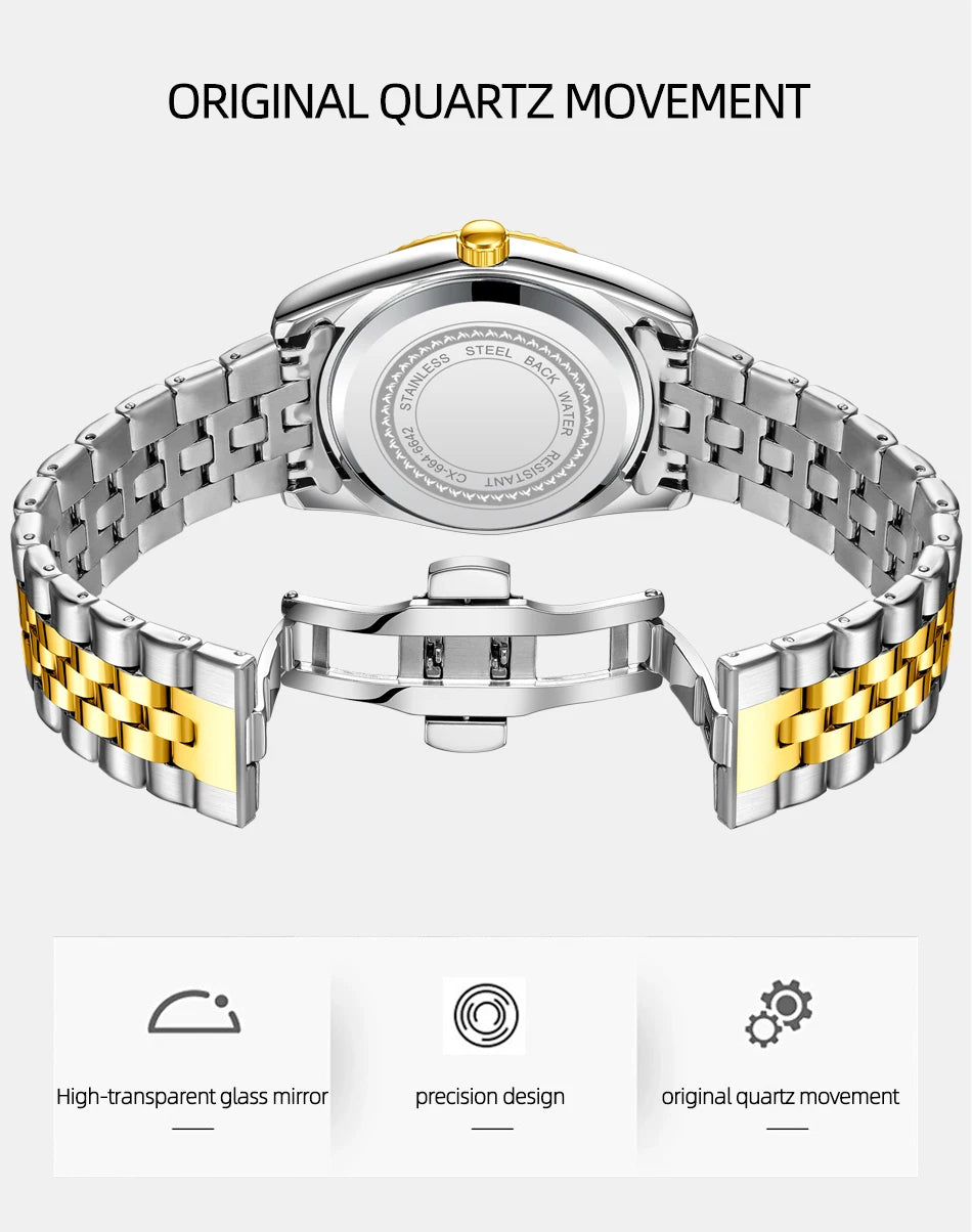 CHENXI Man Watch Classic Fashion Gold Quartz Steel Strap Watches Men Diamond-Set Round Luminous Water-Resistant Date