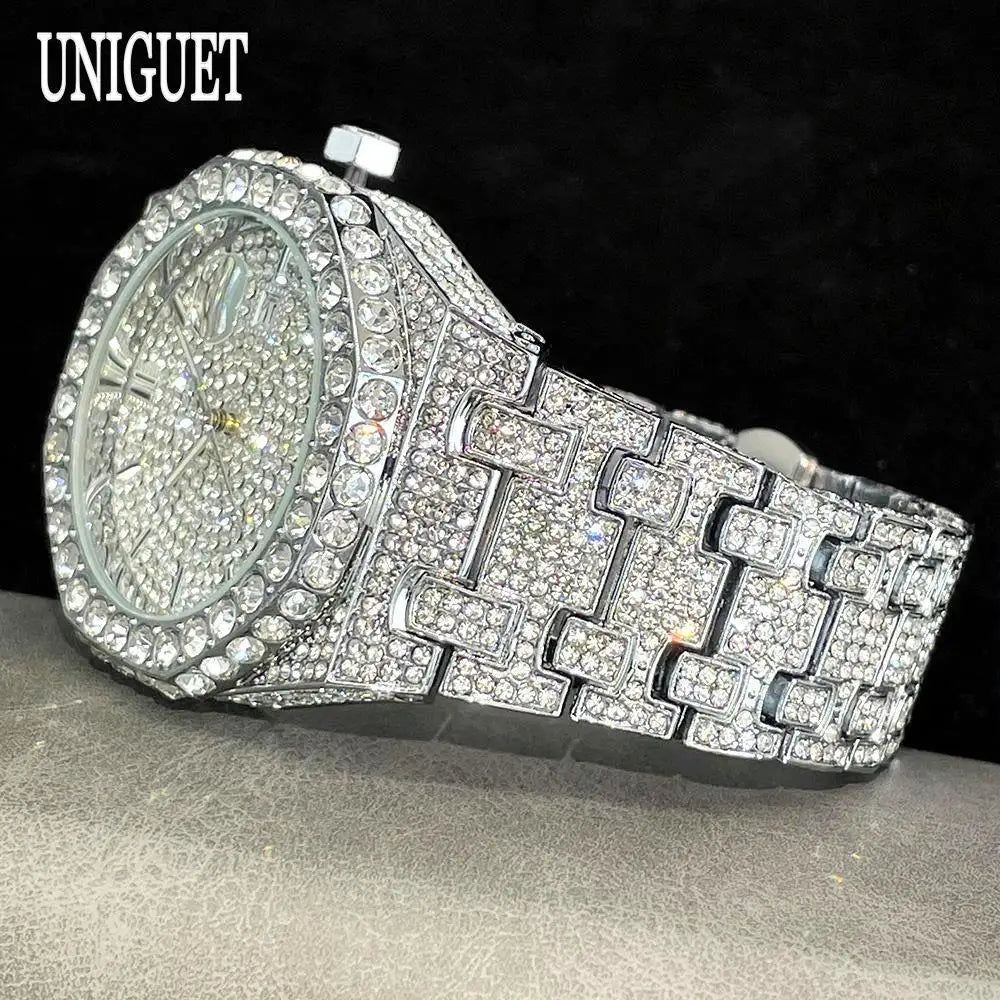UNIGUET Fashion Iced Out Watch Mens Luxury Waterproof Quartz Watch For Man Hip Hop High Quality Big Diamond Wristwatch Hot Sale