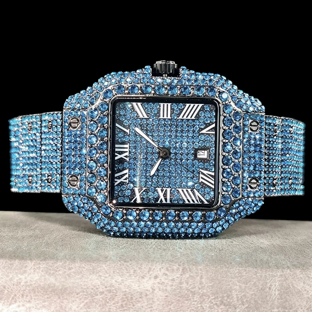 Cool Black Ice Watch For Men Brand UNIGUET Luxury Stainless Steel Quartz Timepiece Man Hip Hop Diamond Square Wristwatch New