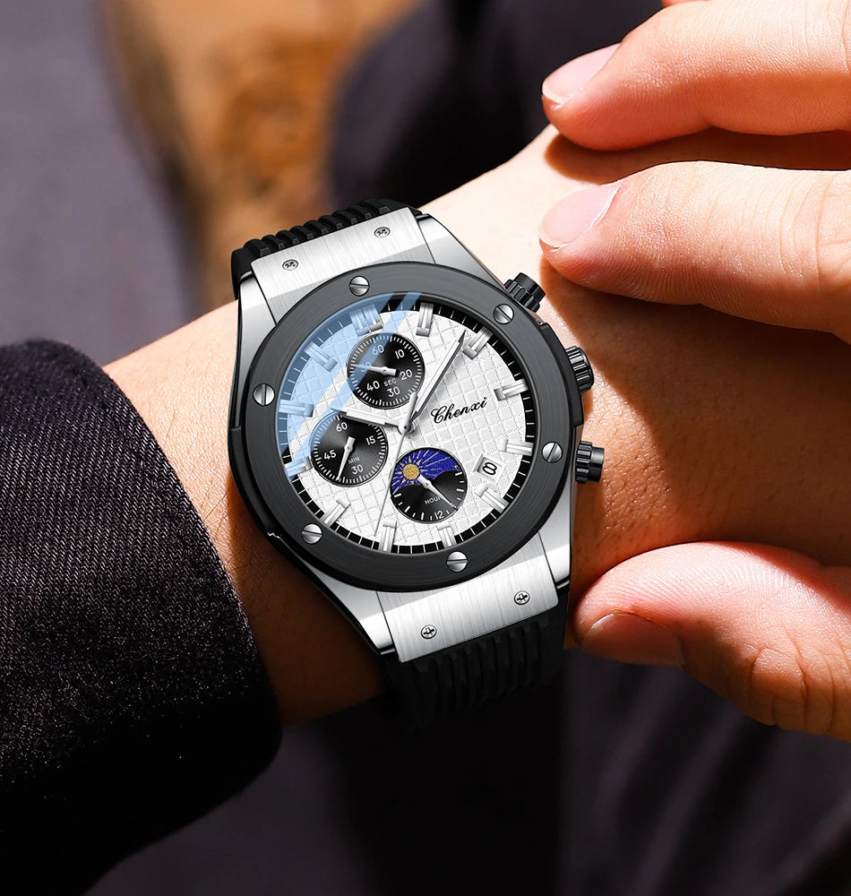 CHENXI Original Watch Quartz Waterproof Sports Watches Men Silicone Strap Chronograph Calendar Multi Functional Wristwatches
