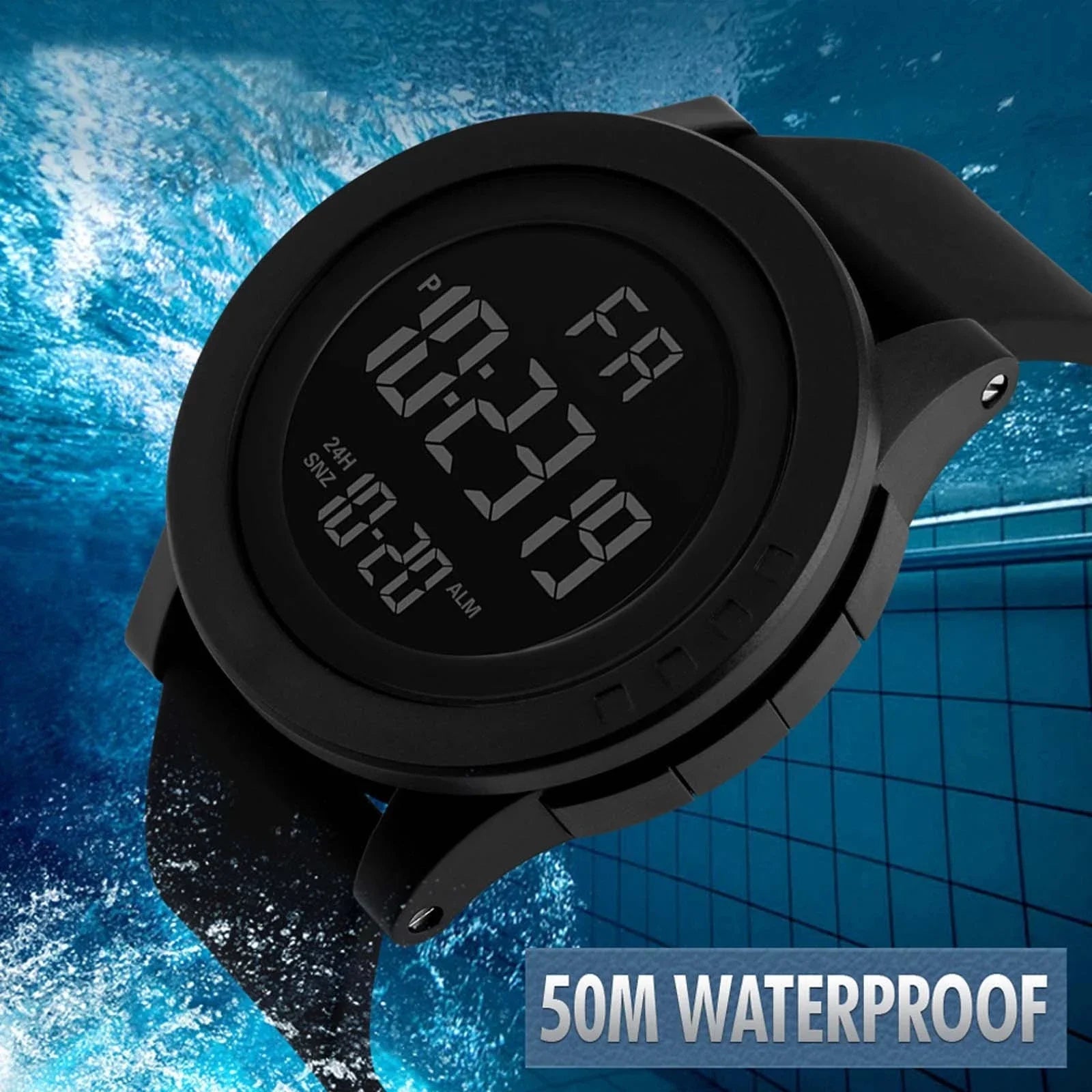 Mens Women Digital Watch Big Dial Light LED Swim Waterproof Rubber Band Alarm Black LED Watches