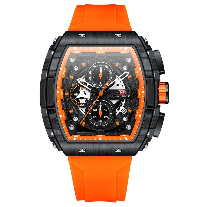 MINI FOCUS Chronograph Quartz Watches for Men Military Sport Silicone Strap Waterproof Wristwatch with Tonneau Dial Auto Date
