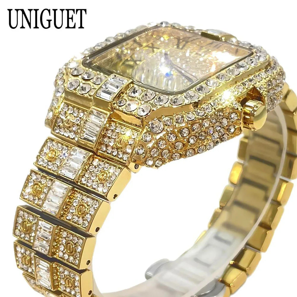 UNIGUET Fashion Watch For Men Luxury Rose Square Iced Out Quartz Watch Man Hip Hop Full Diamond Jewelry Wristwatch Reloj HombreU