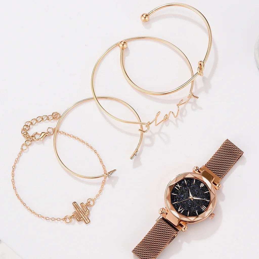 5pcs Set Womens Watches Set Ladies Fashion Watch Black Female New Simple Casual Womens Analog WristWatch Bracelet Gift No Box