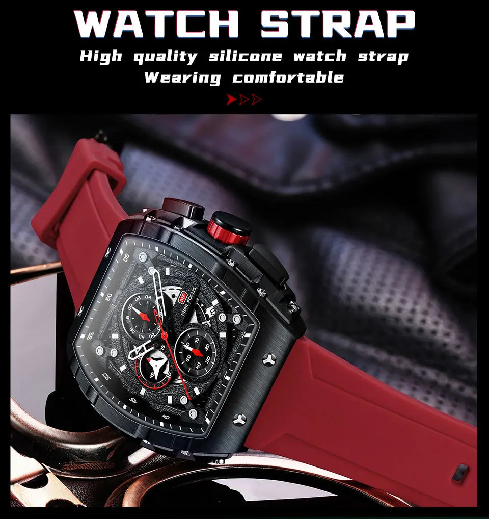 MINI FOCUS Chronograph Quartz Watches for Men Military Sport Silicone Strap Waterproof Wristwatch with Tonneau Dial Auto Date