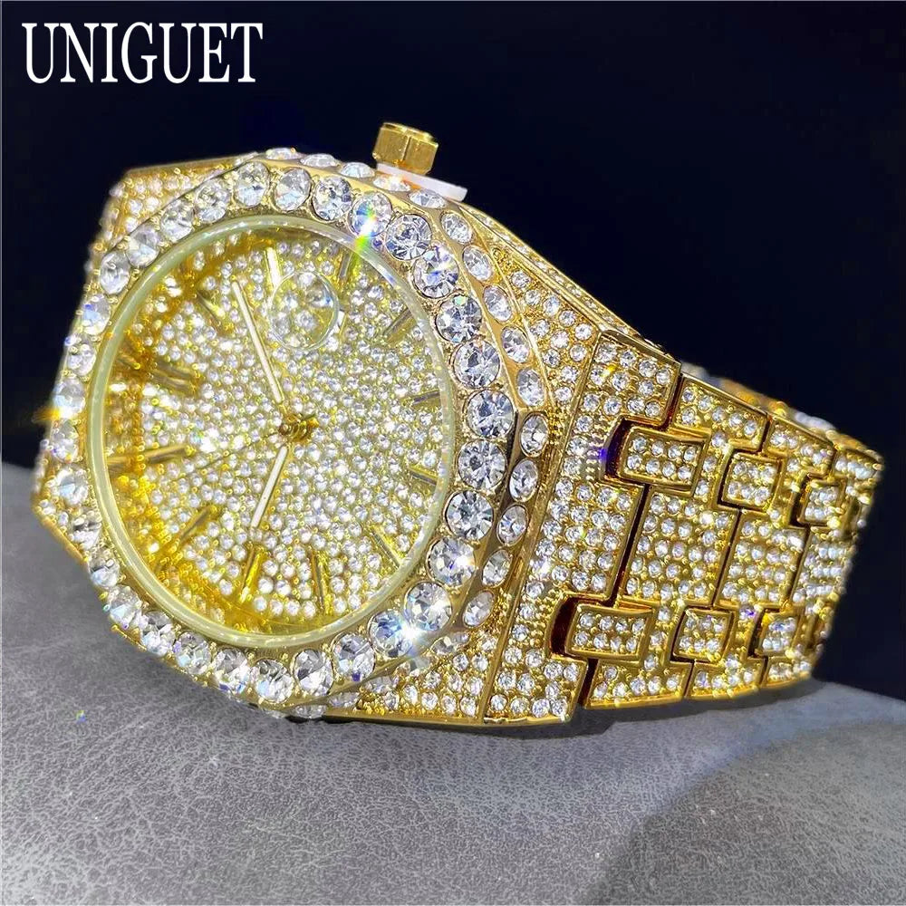 2025 New Luxury Brand UNIGUET Iced Watch For Men Fashion Hip Hop Diamond Waterproof Stainless Steel Wristwatch Male Dropshipping
