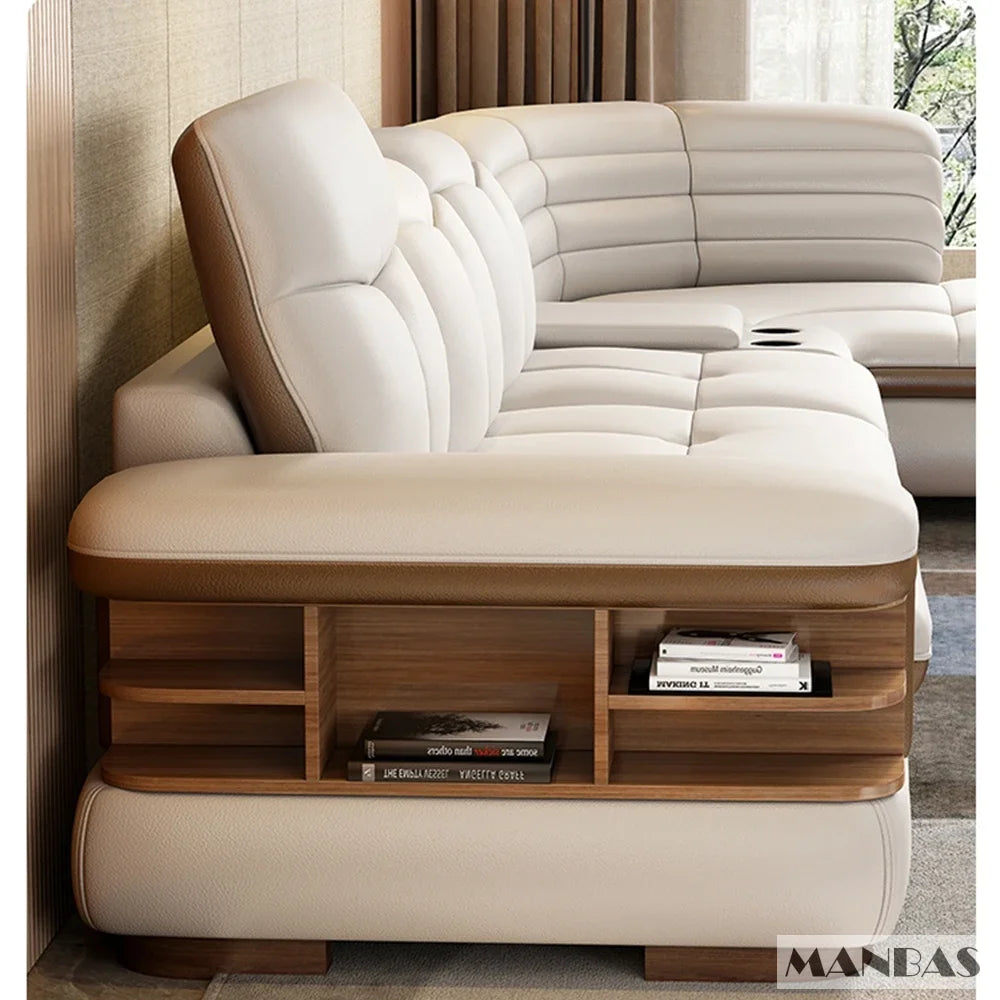 MANBAS Luxury L-Shaped Genuine Leather Sectional Sofa Sets with USB, Bluetooth Speaker - Living Room Italian Leather Couches