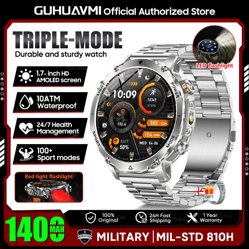 2026 New Military Smart Watch Men 1400mAh Battery 1.7-Inch AMOLED Sport GPS Track Bluetooth Call Rate Smartwatch For Android IOS