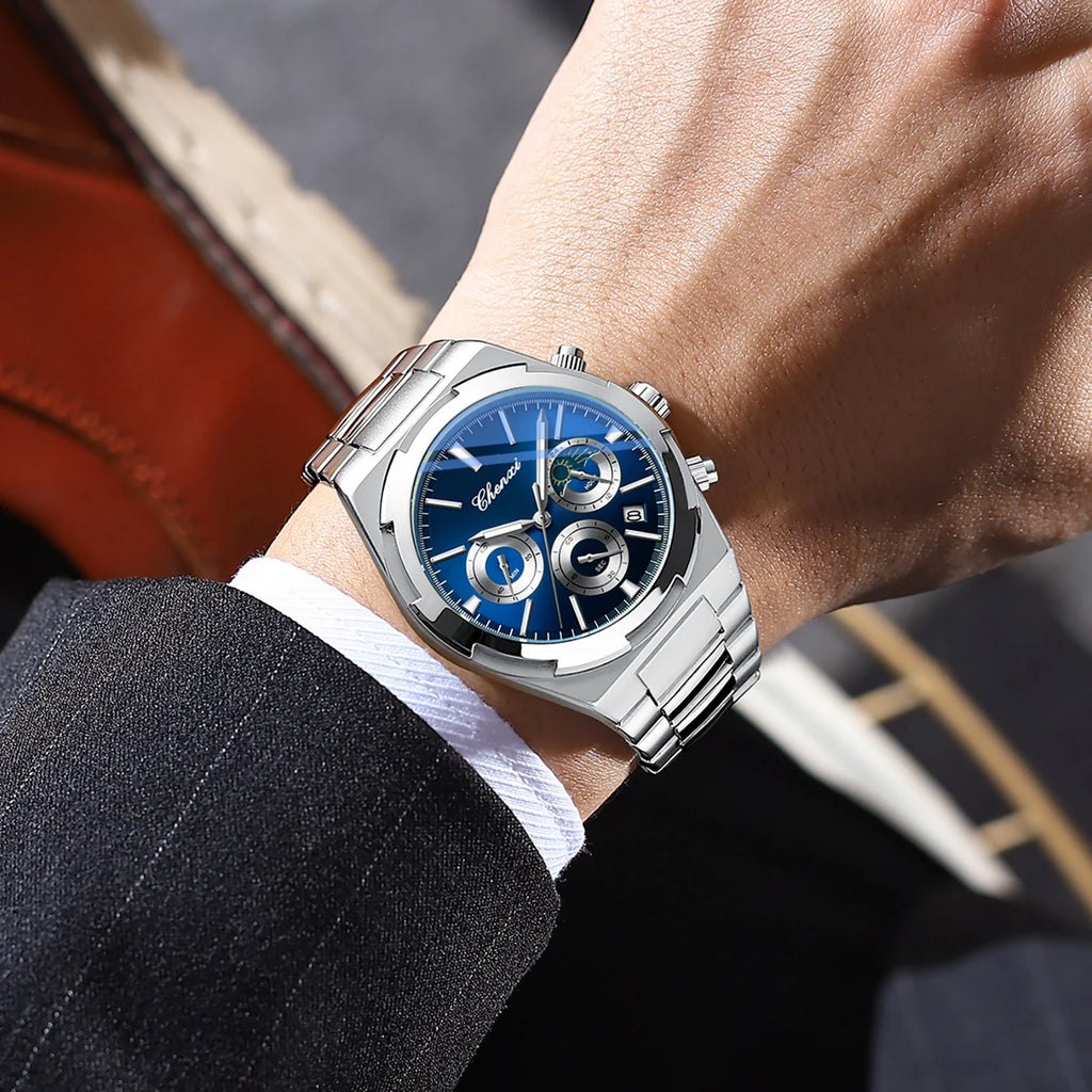 Men's Watches Classic Multifunctional Chronograph Sports Watch Top Luxury Stainless Steel Waterproof Luminous Quartz Wristwatch