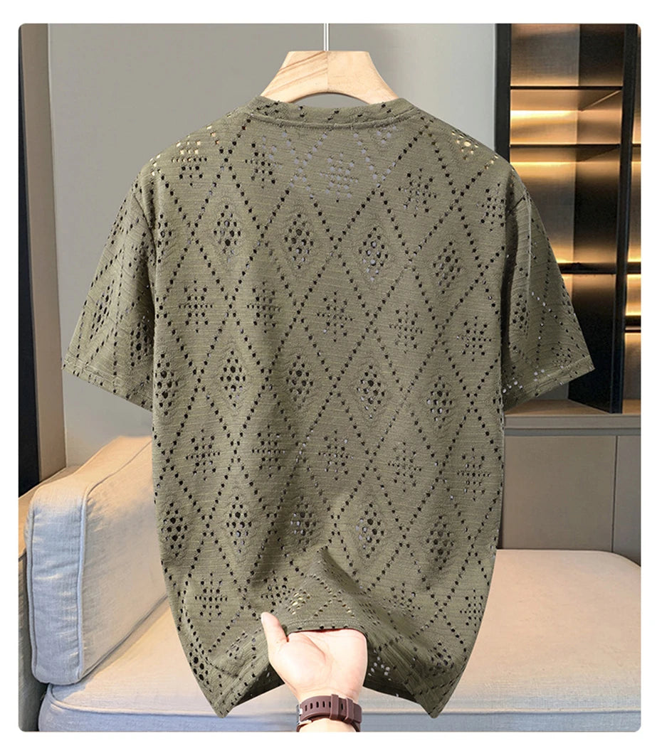 Summer Mesh Hollowed Out T-shirt Men 10XL Plus Size Summer Short Sleeve Tshirt Male Mesh Tops Tees Big Size 10XL