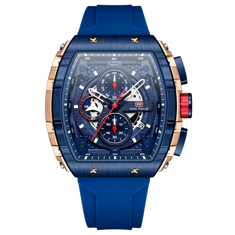 MINI FOCUS Chronograph Quartz Watches for Men Military Sport Silicone Strap Waterproof Wristwatch with Tonneau Dial Auto Date
