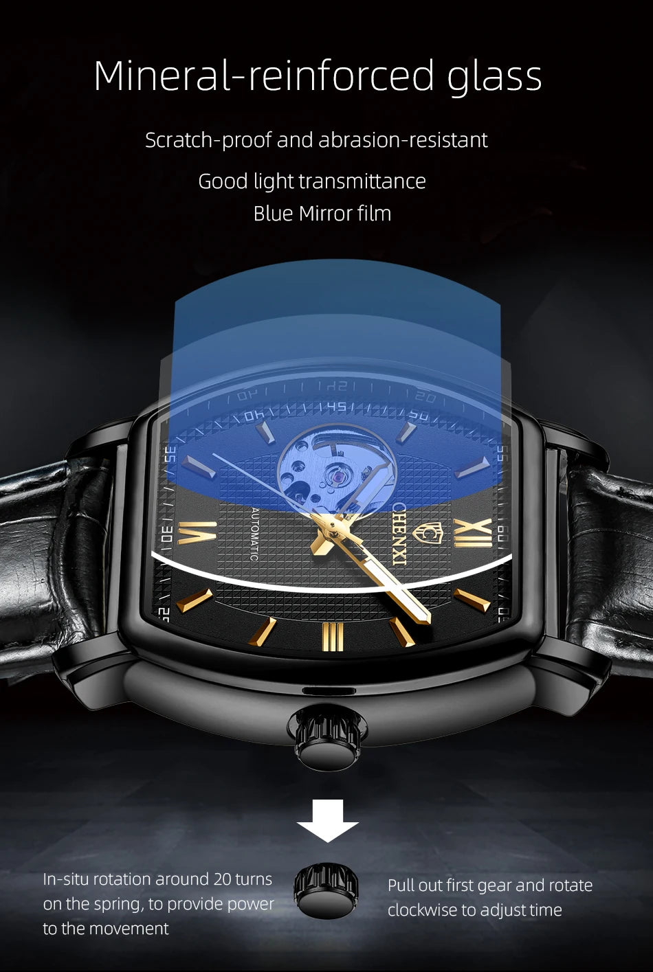 Automatic Mechanical Skeleton Man Watch Fashion Luxury CHENXI Watches For Men Business Leather Waterproof Tonneau Wristwatch