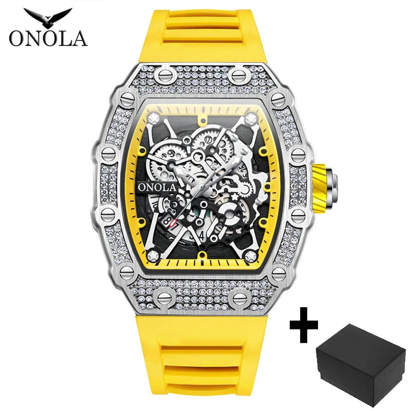 ONOLA Fashion Watch For Men Automatic Date Sports Silicone Strap Tonneau Clock Iced Diamond Quartz WristWatch Reloj Dropshipping