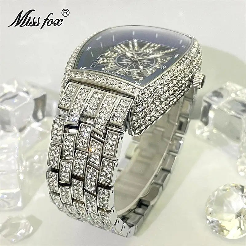 Luxury Gold Watches Men Brand MISSFOX Fashion Hip Hop lce Diamond Sun Pattern Literal Quartz Wristwatch Male Dropshipping Hot