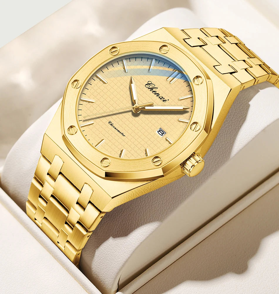 CHENXI NEW Men's Watches Fashion Casual Luminous Date Quartz Watch Male Clock Gifts 42mm Dial Gold Wristwatch Waterproof