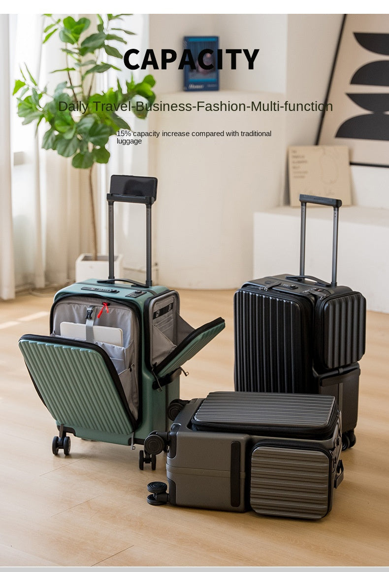 KLQDZMS Carry-on Suitcase Front Opening Laptop Boarding Case 20 Inch USB Charging Trolley Case Password Box Cabin Luggage